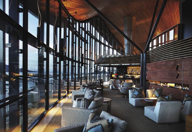 The lounge and bar of the reception building. The roof is made from curved Tasmanian timber beams built in a ribbed structure.