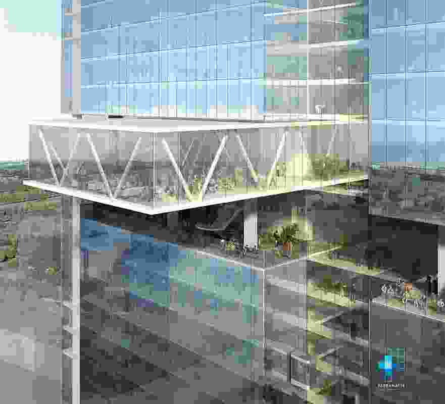 Aerial perspective if the JPW twin towers sky terrace for Parramatta Square.