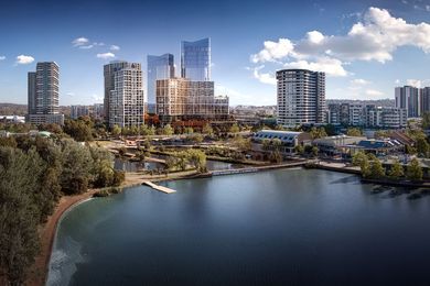 The view of Fender Katsalidis Architects’ Republic – set to become Canberra's tallest building – from Lake Ginninderra.