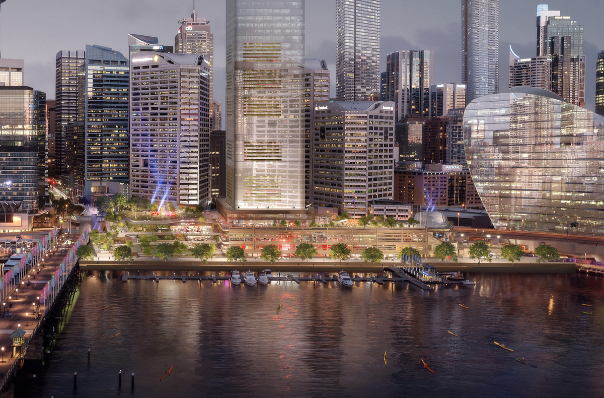 An indicitive design for the Cockle Bay Wharf redevelopment by FJMT, Tony Caro Architecture and Aspect Studios.