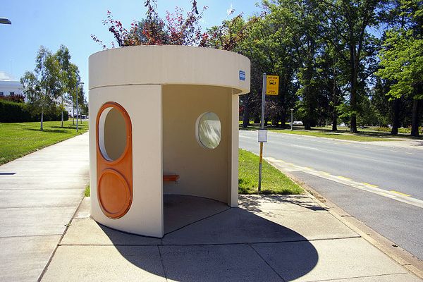 One of Canberra's distinctive bus shelters, designed by Clem Cummings.