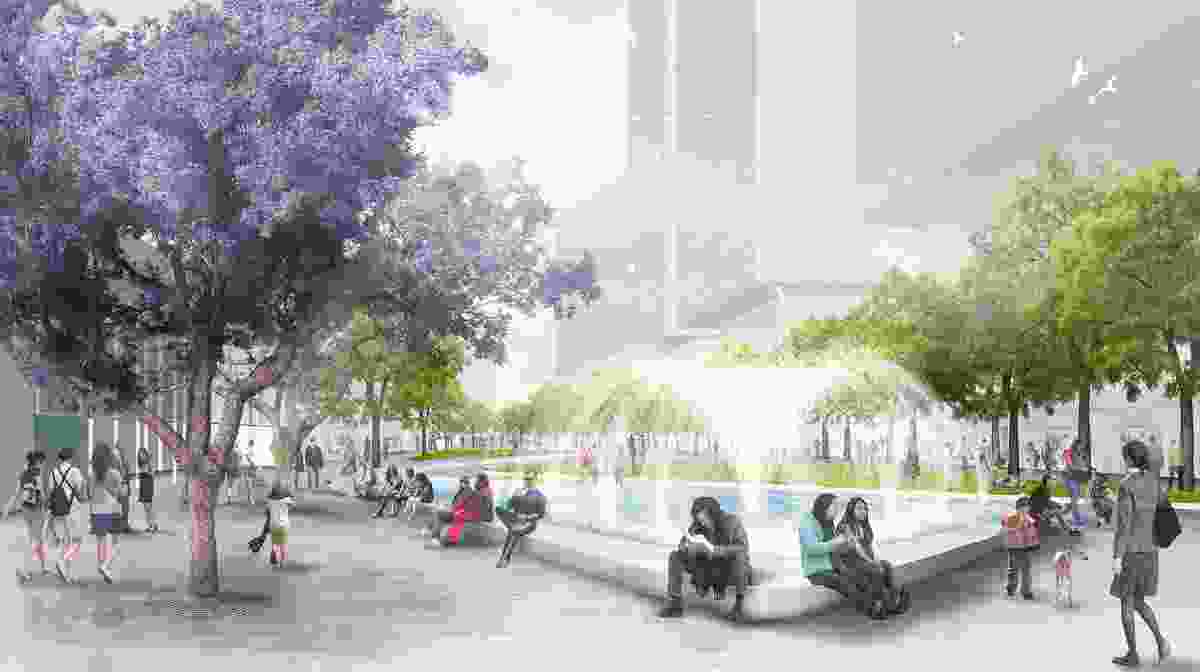 Parramatta Square draft concept design by JMD Design, Taylor Cullity Lethlean, Tonkin Zulaikha Greer, and Gehl Architects features a fountain at the western end.