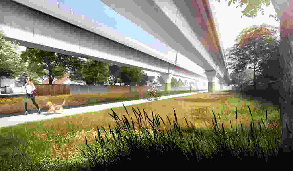 A linear park designed by Aspect Studios will be created underneath elevated sections of the “sky rail,” proposed for the Packenham–Cranbourne line in Melbourne.