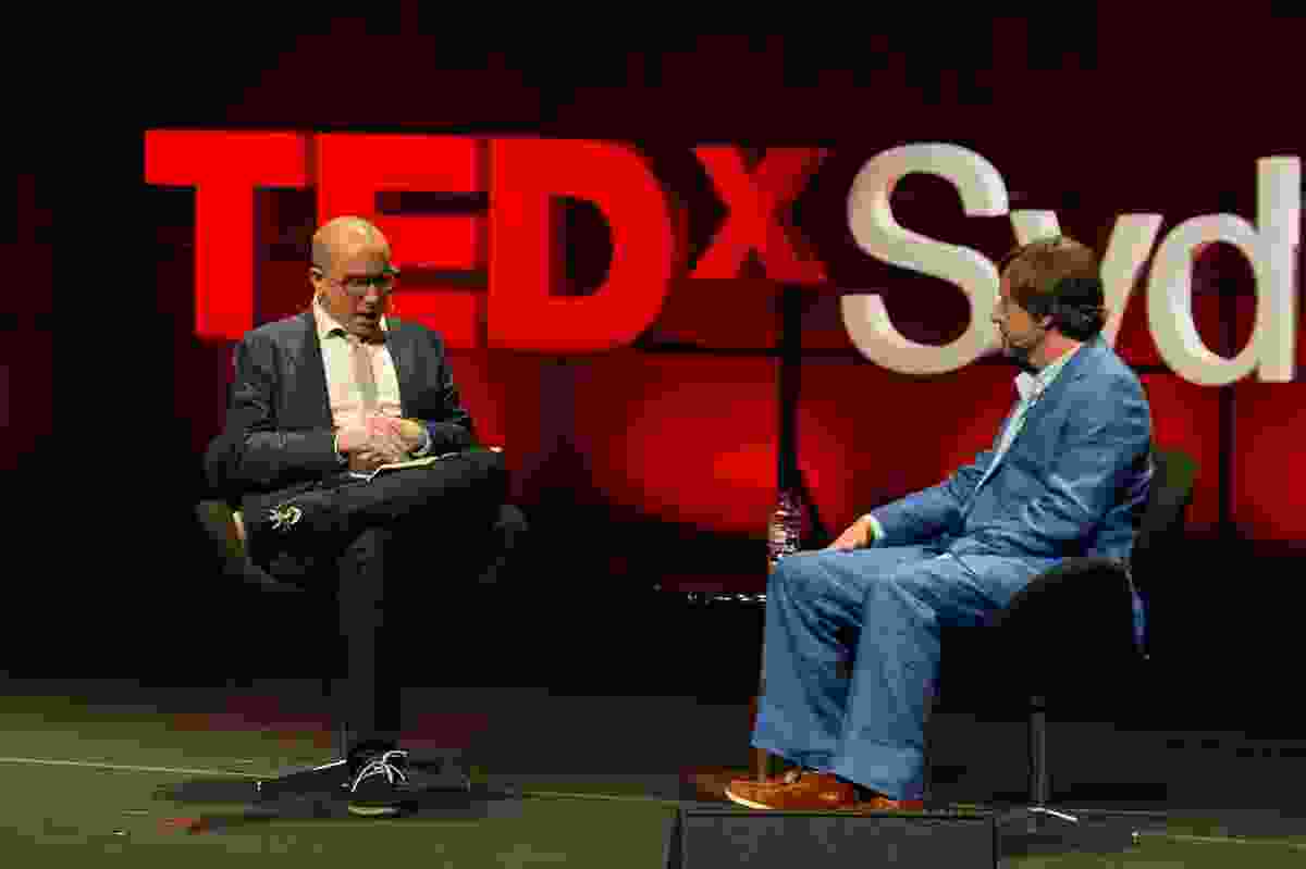 Marc Newson (right) in conversation with Julian Morrow at TEDxSydney, May 2013 at the Sydney Opera House.