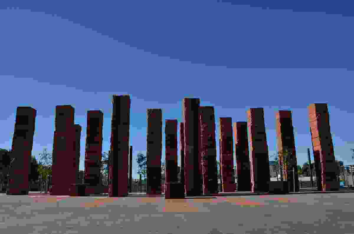The red stone pillars of the new Australian War Memorial in Pukeahu National War Memorial Park.