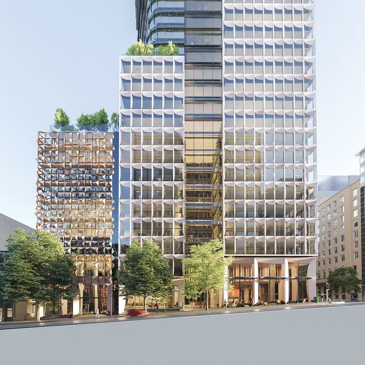 The plan for 435 Bourke Street (designed by Bates Smart and developed by Cbus Property) in Melbourne's CBD incorporates a “solar skin” facade of transparent glass photovoltaic panels.