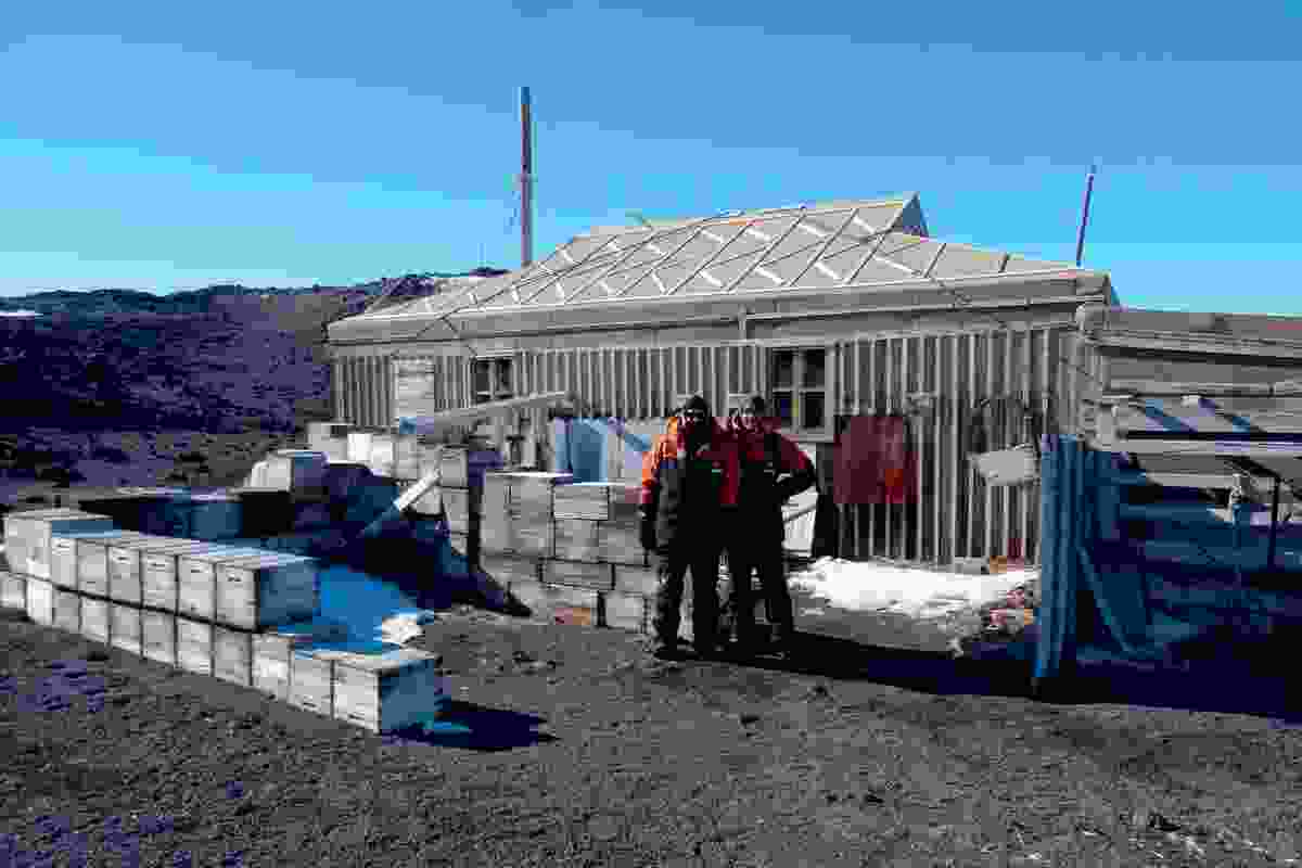Hugh Broughton and Steven Middleton outside Ernest Shackleton’s Hut, Cape Royds, Antarctica, which was fully restored between 2004 and 2008 by the Antarctic Heritage Trust.