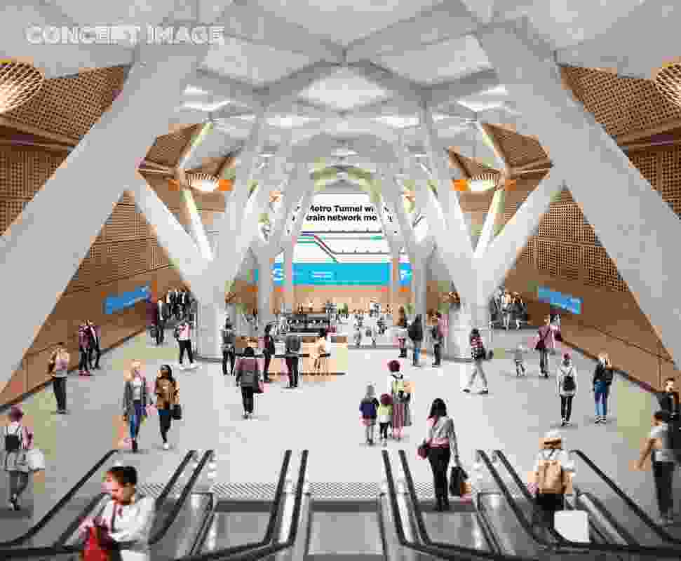 The design for Town Hall station by Hassell, Weston Williamson and Rogers Stirk Harbour and Partners.