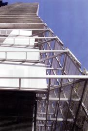 The north-west corner of Liberty Tower, with the framework for the perforated aluminium screens wrapping around the north face. 