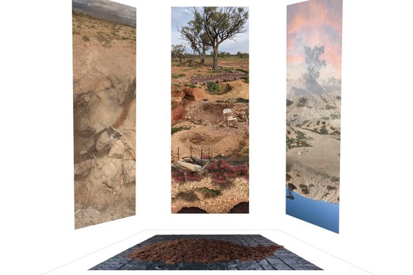 Triptych panels showing curated and edited Opal Imaginary images with extracted dirt from the south-west Queensland fossicking area. As a contrast to the objectification of opals within this landscape, extracted soil of the landscape is objectified as a visible and tangible object. The dirt will complete its 2000-kilometre-round-trip to be returned to the extraction area in 2023.