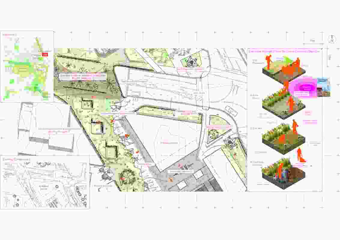 Spatial connection is explored through four key location designs. The design at St Albans Station illustrates this spatial conversion with a continuous grassland corridor running parallel to the Sunbury Line and the fragmenting of existing impervious street surfaces.