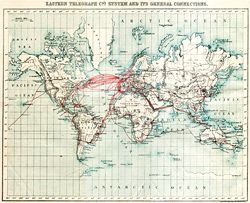 Chart of submarine telegraph cable routes by The Eastern Telegraph Co., showing the global reach of telecommunications in 1901.