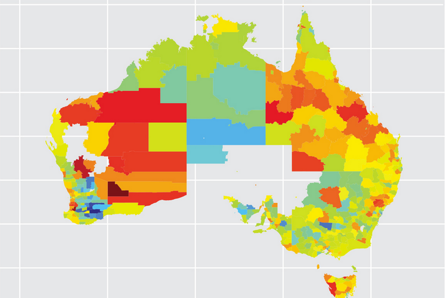 Map showing the areas of Australia most likely to be impacted by job automation over the next 10 to 15 years (in red).