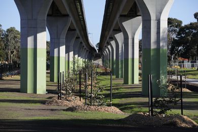 The new rail line between Caulfield and Dandenong in Melbourne's south-east, designed by Cox Architecture and Aspect Studios.