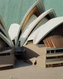 Model by Finecraft Modelmakers Sydney, demonstrating thin plywood battens fused with bronze of the last version of the glass walls by Jørn Utzon, 1966. Antonia Williams Collection.