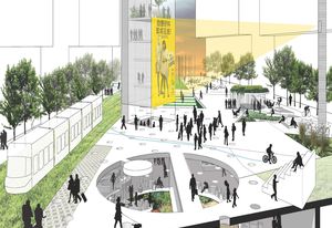 Stewart Hollenstein + Colin Stewart Architects’ winning scheme for an urban living room, a field of indoor/outdoor spaces and a sunken garden.