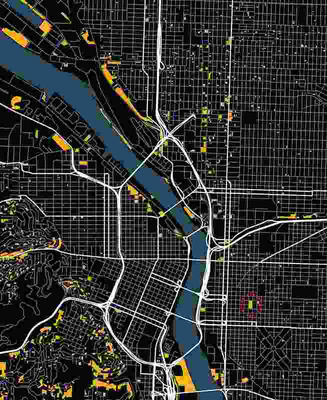 Map of vacant parcels (orange) in Portland, Oregon, 2011. The project site is circled in red.