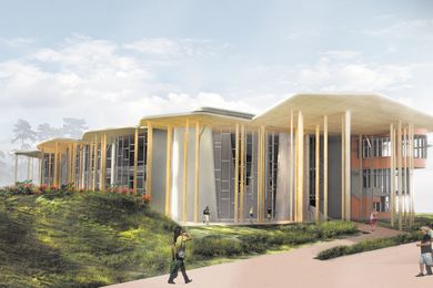 Render of the entrance to Soheil Abedian School of Architecture, Bond University.