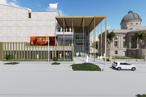 The proposed Rockhampton Art Gallery by Clare Design, Conrad Gargett and Brian Hooper Architecture. The heritage-listed Customs House can be seen to the right of the image.