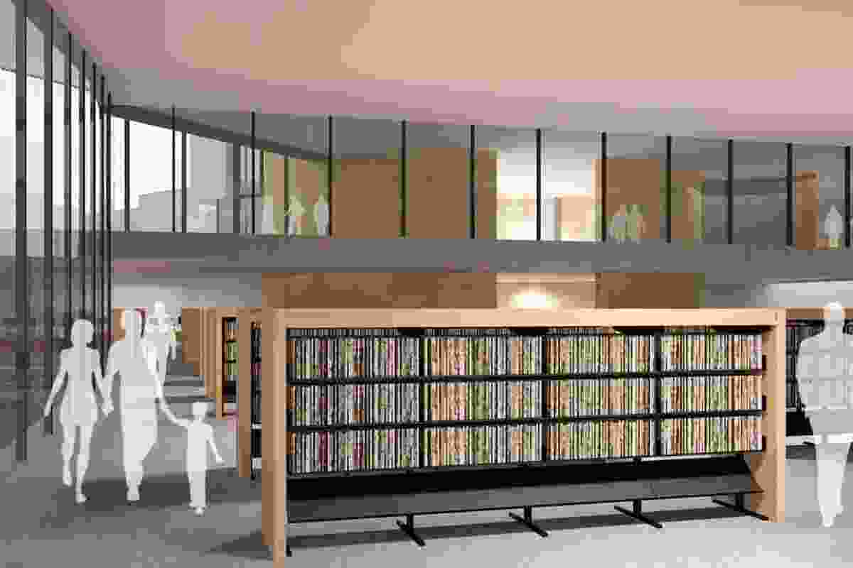 Kerry Hill Architects scheme: View of library interior.