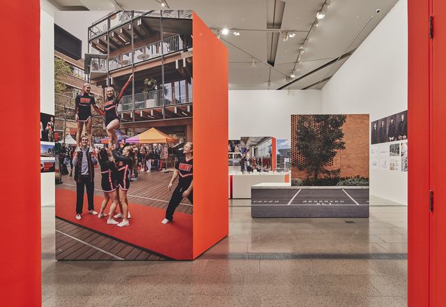 The exhibition represents five civic projects using typical architectural communication conventions displayed alongside large-format photographs that capture everyday use.
