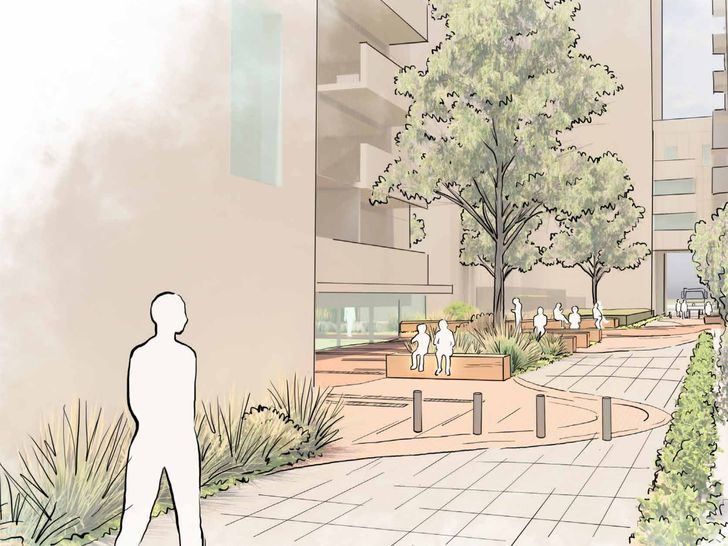 The entry from Palmerston Place will accommodate shared spaces that link to Station Street Park.