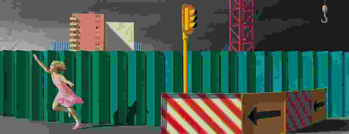 Jeffrey Smart, The construction fence, 1978, oil and acrylic on canvas, 88.5×228.4 cm.