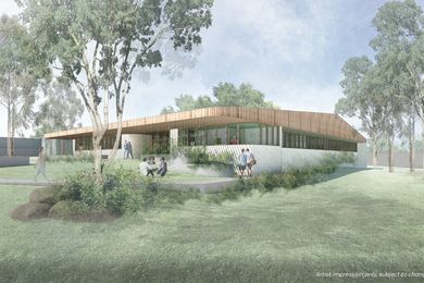 Render of the upgraded science block and outdoor learning area at South Oakleigh Secondary College.