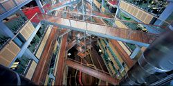 Looking down the west atrium. Both atria are crossed by walkways at various angles and penetrated by a stair, encouraging vertical and lateral movement through common areas.