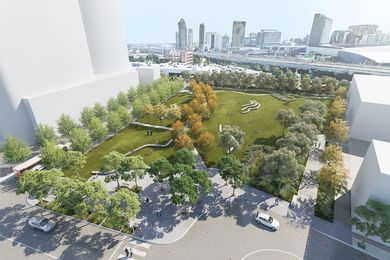 The under-construction park on Buckhurst Street in Fishermans Bend, by prinicpal consultant Hayball and landscape architects Tract.