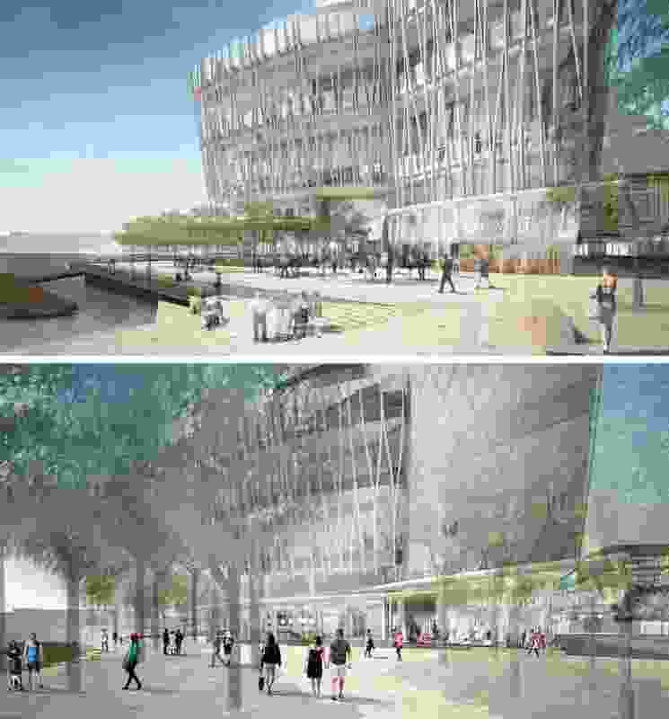 Top: previous design for podium and public domain of Crown tower by Wilkinson Eyre. Bottom: revised design for podium and public domain of Crown tower by Wilkinson Eyre.