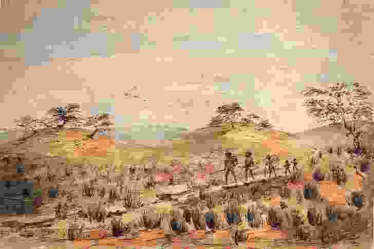 William Cawthorne, Aboriginal family travelling, SA, c.1840.