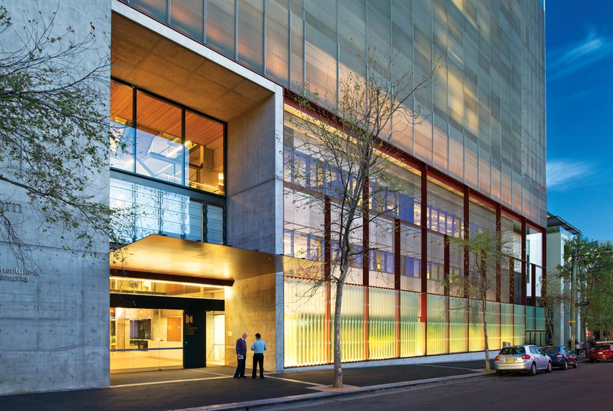The facade, like the building, is a layering of transparency and security.