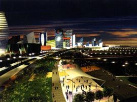 View of the waterside programmatic bund, with bands providing a continuous but diverse series of activities and events along the edge of the Yangtze River.